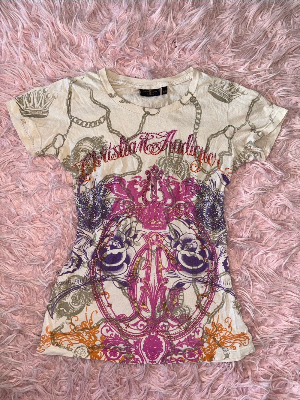 Christian Audigier Cream Tee with Pink, Purple & Orange Crest